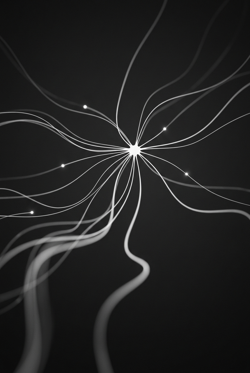 Luminous pathways meeting at a single point against a charcoal background